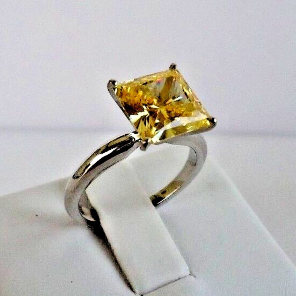 14K WHITE GOLD SOLITAIRE WEDDING RING 3CT PRINCESS YELLOW LAB CREATED DIAMOND